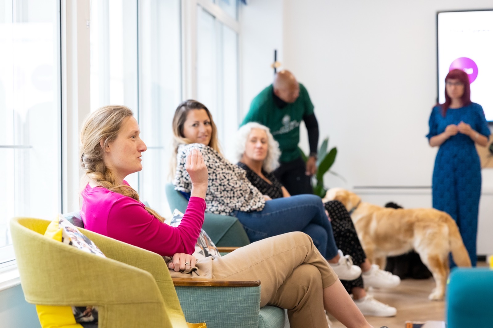 A group career conversation in a relaxed workshop setting.